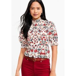 LOFT Forest Smocked neck, Puff shoulder and elasticized cuff sleeves